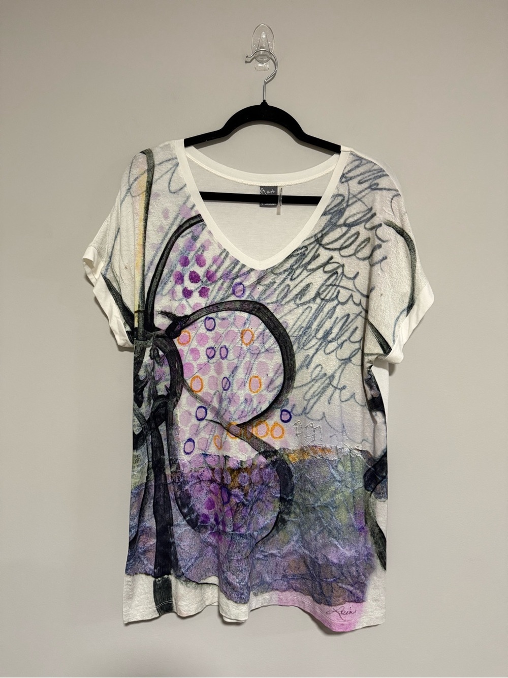Simply Art by Dolcezza Abstract Print V-Neck Short Sleeve Tunic Top Size XL